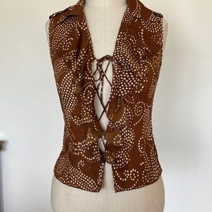 Trina Turk silk lace up sleeveless top, ruffles, epaulettes S